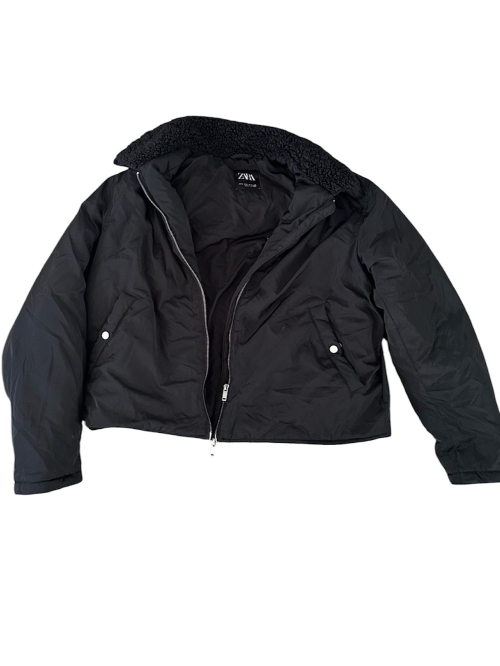 ZARA Black Cropped Bomber Jacket with Sherpa Collar